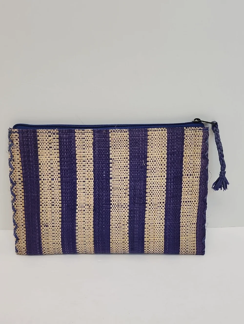 Woven Straw Raffia Stripe Zip Pouch Clutch Navy Natural OS
